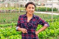 woman farmer smiling at vegetable plant factory