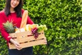 Woman farmer standing hold full fresh food raw vegetables fruit in a wood box Royalty Free Stock Photo