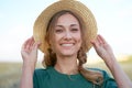 Woman farmer straw hat standing farmland smiling Female agronomist specialist farming agribusiness Happy positive caucasian worker Royalty Free Stock Photo