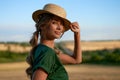 Woman farmer straw hat standing farmland smiling Female agronomist specialist farming agribusiness Happy positive caucasian worker Royalty Free Stock Photo