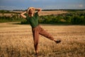 Woman farmer straw hat standing farmland smiling Female agronomist specialist farming agribusiness Happy positive caucasian worker Royalty Free Stock Photo