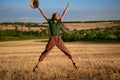 Woman farmer straw hat standing farmland smiling Female agronomist specialist farming agribusiness Happy positive caucasian worker Royalty Free Stock Photo