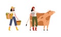 Woman Farmer in Straw Hat Stroking Cow and Carrying Basket with Crops Vector Illustration Set Royalty Free Stock Photo