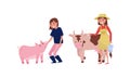 Woman Farmer Taking Care of Cow and Pig Vector Illustration Set Royalty Free Stock Photo