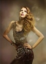 Woman Fashion Beauty Hairstyle Portrait, Pretty Girl Shiny Dress Royalty Free Stock Photo