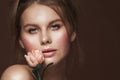Woman Fashion Beauty Make Up, Beautiful Girl Face and Flower, Wet Makeup Royalty Free Stock Photo