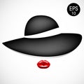 Woman in fashion black hat with red lips. Vector illustration