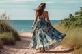 beautiful woman fashion summer dress person lifestyle beach hippie sea vogue. Generative AI. Royalty Free Stock Photo