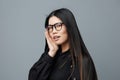 Studio woman asian glasses fashion student beautiful face business portrait cute background smile Royalty Free Stock Photo