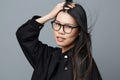 Woman face student cute glasses background smile studio beauty portrait attractive fashion beautiful asian business Royalty Free Stock Photo