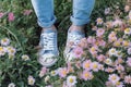 woman fashion grass female flowers spring green shoe sneakers white lifestyle. Generative AI. Royalty Free Stock Photo