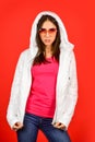 Woman fashion model. Fashion outfit. Pink eyeglasses. Keep calm and wear cool glasses. Cute Pretty girl hood jacket red