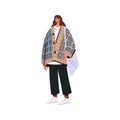 Woman in fashion outfit, apparel for fall season. Girl in modern warm clothes, oversized loose cardigan, pants, sneakers