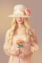 Woman in Fashion Straw Hat Holding Peony Flower, Girl Pink Dress