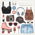 Woman fashion summer clothes, cosmetics, accessories set with roller skates, headphones, cap, photo camera, jeans shorts and