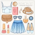 Woman fashion summer set with bustiers top, bag, skirt, sunglasses and hat Royalty Free Stock Photo