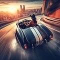 woman fast drive vintage roadster jumping slope arriving the city motion blurred, secondary road