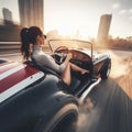 woman fast drive vintage roadster jumping slope arriving the city motion blurred, secondary road