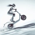 woman fast drive electric scooter jumping slope arriving the city motion blurred