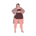 Woman with fat curvy body, plump chubby figure. Attractive plus-size girl standing bikini and heeled sandals. Stout