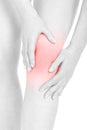 Woman fatigued leg with knee pain, clipping path Royalty Free Stock Photo