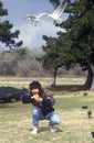 Woman feeding Mallard ducks, Central Coast, CA