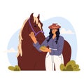 Woman feeds horse by apple. Stable worker cares about pet. Owner loves her mare. Domestic animal eating on ranch. Rural