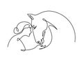 Woman feeds horse. Continuous one line drawing art.