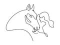 Woman feeds horse. Continuous one line drawing art.