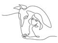Woman feeds horse. Continuous one line drawing art.