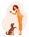 The woman feeds and trains the dog. Pet care concept. Vector flat style illustration