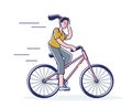 Woman feeling fatigue while riding bicycle. Tired exhausted female cycling