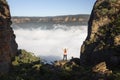 Woman feelings of exhilaration hiking in Blue Mountains Australia Royalty Free Stock Photo