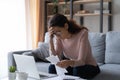 Woman feels desperate after expenses calculation having financial problems Royalty Free Stock Photo