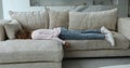 Woman feels tired falls down on sofa in living room
