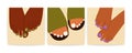 Woman feet with pedicure nails. Abstract female feet with bright nails, hand drawn leg fingers with pedicure. Vector set