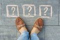 Woman feet with 3 question marks in front of her legs painted on the grey sidewalk. Royalty Free Stock Photo