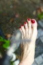Woman feet with red nail lacquer washing with water pate on garden tale background Royalty Free Stock Photo