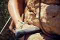 Woman, feet or rock climbing shoes in fitness, workout or training on mountains in nature landscape environment. Zoom Royalty Free Stock Photo