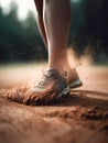 Woman feet with running shoe on a dusty sand sport race track