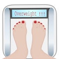 Woman feet on a Weight machine. Overweight