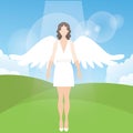 Woman female angel with feather wings standing vector cartoon illustration