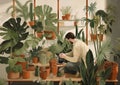 woman florist pot flower entrepreneur indoor botanist houseplant gardener hobby job. Generative AI. Royalty Free Stock Photo