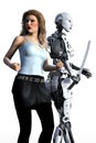 Woman and Female Cyborg with a Katana Sword Isolated