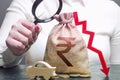 Woman female manager examines a indian rupee money bag with a red down arrow and automobile. Electric vehicle support subsidies