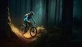 woman dark park bicycle summer bike walking cycling sport forest sunset. Generative AI.