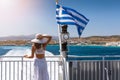 Woman on a ferry boat in the aegean sea, Greece Royalty Free Stock Photo