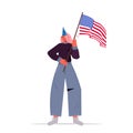 Woman in festive hat holding usa flag girl celebrating 4th of july american independence day concept