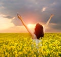 Woman in field with flowers at summer sunset. Royalty Free Stock Photo