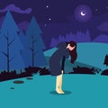 woman field hiking forest vector ilustration